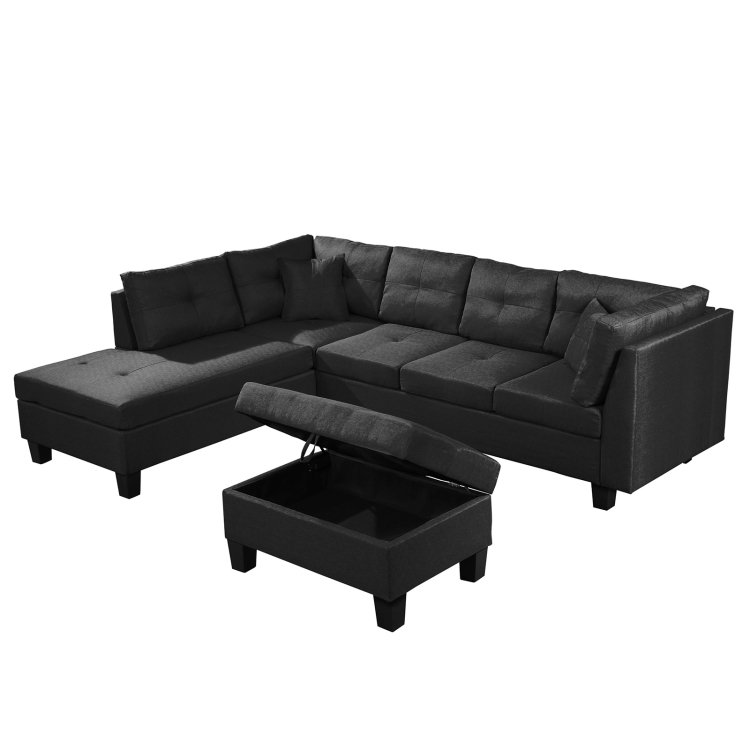 

[US Warehouse] Living Room L-shaped Fabric Upholstered Sofa Three-seat Sofa Multifunctional Sofa Bed with Left Recliner & Storage Ottoman & Cushion & Pillow(Black)