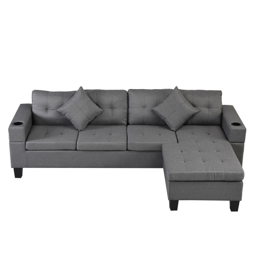 

[US Warehouse] Living Room Fabric Upholstered Sofa Three-seat Sofa Multifunctional Sofa Bed with Left or Right Recliner & Cup Holders & Cushion & Pillow