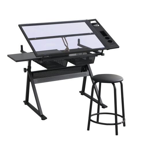 

[US Warehouse] Height Adjustable Glass Top Drafting Table with Storage Drawer & Chairs