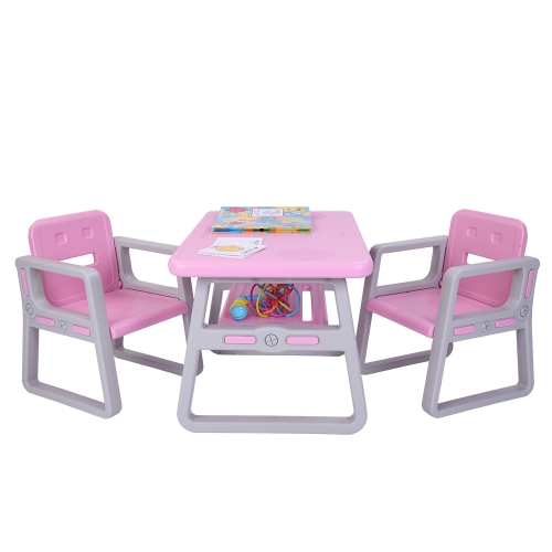 

[US Warehouse] 3 in 1 Children Plastic Table with Storage Shelf + 2 Chairs Set, Table Size: 31 x 19.5 x 19.3 inch, Chair Size: 20.5 x 15.6 x 15 inch(Pink)