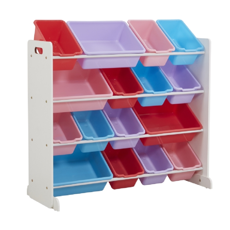 

[UK Warehouse] 4-layers 16-grid Toy Storage Rack, White Frame + Colorful Plastic Basket