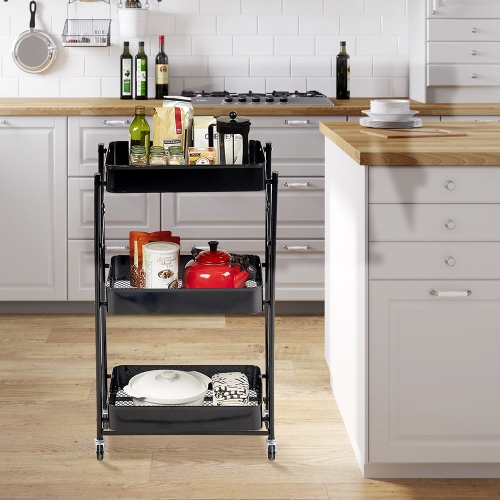 

[US Warehouse] Folding and Movable Three-layer Cart Multifunctional Kitchen Storage Rack with Handle, Size: 31 x 18 x 12 inch(Black)