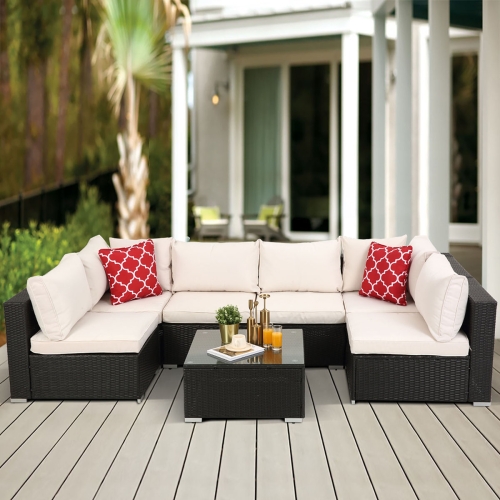 

[US Warehouse] 23 in 1 PE Rattan Sectional Cushioned Free Combination Sofa Outdoor Garden Terrace Furniture Set with Pillows & Coffee Table (Dark Coffee + Beige)