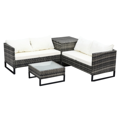 

[US Warehouse] 4 in 1 Rattan Terrace Sofa Chair + Storage Box + Coffee Table Furniture Set (Mixed Gray + Beige)