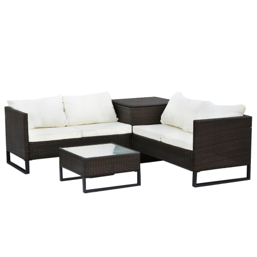 

[US Warehouse] 4 in 1 Rattan Terrace Sofa Chair + Storage Box + Coffee Table Furniture Set (Brown + Beige)