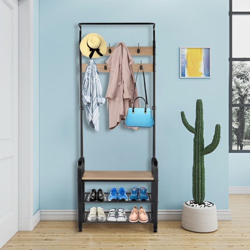 

[US Warehouse] 2 in 1 Steel-wood Three-layer Shoes Rack with 9 Hooks, Size: 72.83 x 28.35 x 13.38 inch