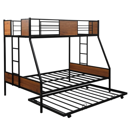 

[US Warehouse] Household Twin Over Full Metal Bunk Bed with Trundle Bed & Two-side Ladders (Red Natural Wood)