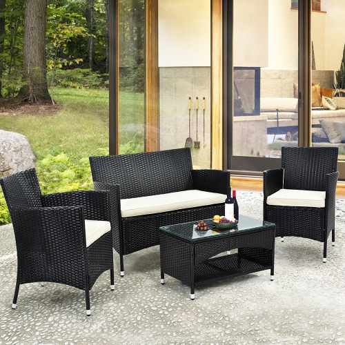 

[US Warehouse] 4 in 1 PE Rattan Wicker Two-seat Sofa + Armchairs + Coffee Table Outdoor Furniture Set(Beige)