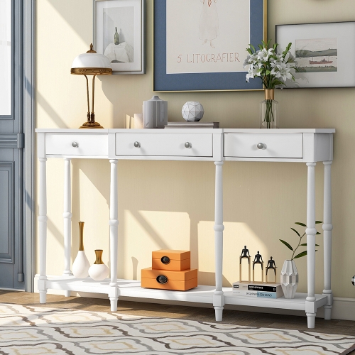 

[US Warehouse] Entryway Solid Wood Table with Storage Shelf & Drawers, Size: 58.07 x 33.86 x 11.02 inch