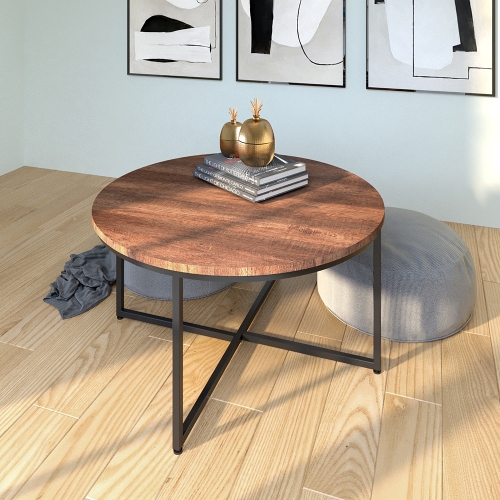 

[US Warehouse] Metal Frame Round Wooden Coffee Table with X-shaped Legs, Size: 35.04 x 35.04 x 18.11 inch(Brown)