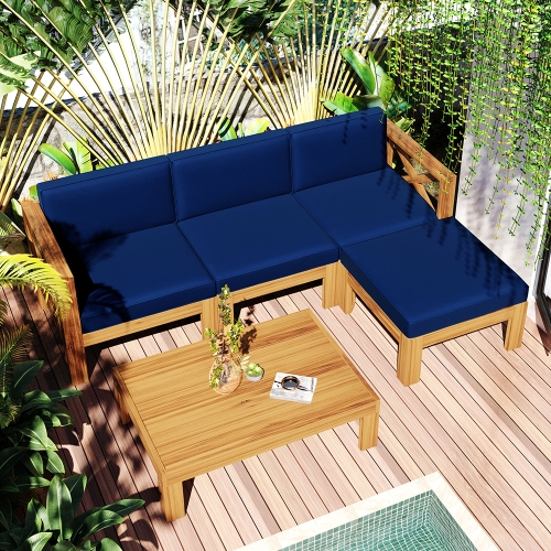 

[US Warehouse] 5 in 1 Wooden Free Combination Sofa Chair + Table Outdoor Patio Furniture Set