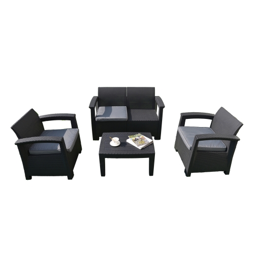 

[JPN Warehouse] 4 in 1 Waterproof PE Rattan Table + Chairs + Two-seat Sofa with Cushion Garden Furniture Set(Grey)