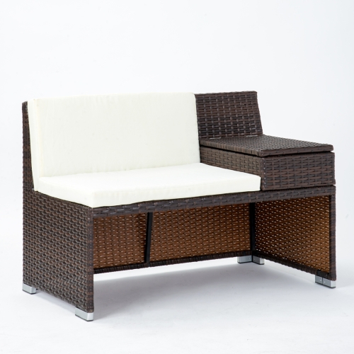 

[JPN Warehouse] 4 in 1 Rattan Table + Chairs + Two-seat Sofa with Storage Box & Cushion Garden Furniture Set(Beige)