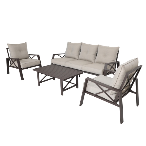 

[US Warehouse] 4 in 1 Three-seat Sofa + Coffee Table + 2 Single Sofa Chairs Aluminum Patio Sofa Set