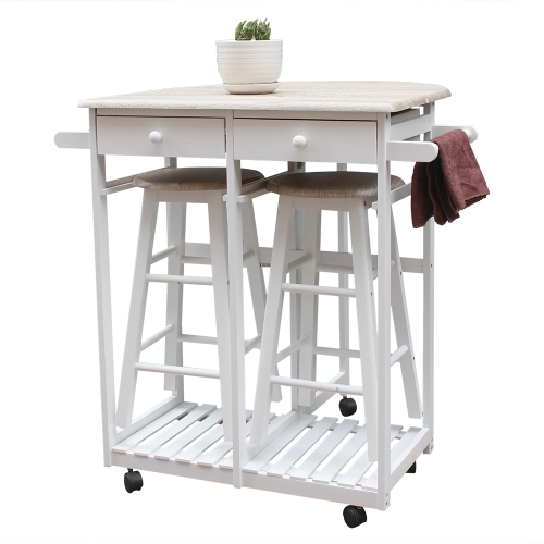 

[US Warehouse] Foldable Semicircular Wooden Handle Dining Cart with 2 Round Stools, Size: 81.5 x 39.5 x 83cm(White)