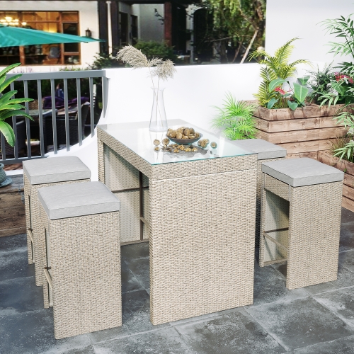 

[US Warehouse] 5 PCS / Set Outdoor Rattan Patio Bar Dining Table Furniture Set with 4 Stools (Brown)