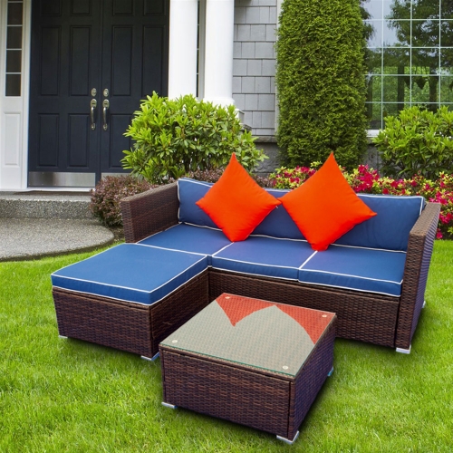 

[US Warehouse] 3 PCS / Set Outdoor Patio Sectional Wicker Rattan Furniture Sofa Set (Blue)