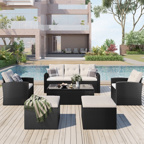 

[US Warehouse] 6 PCS / Set Outdoor Patio Wicker PE Rattan Dining Conversation Sectional Furniture Set (Beige)