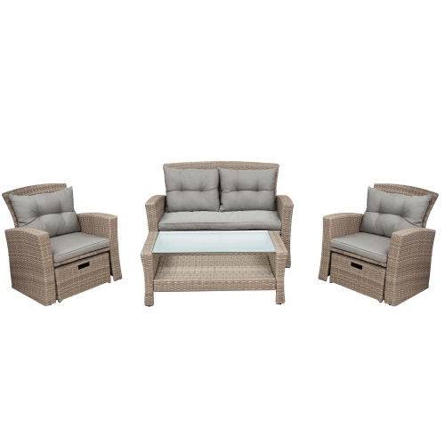 

[US Warehouse] 4 PCS / Set Outdoor U-style Patio Furniture Wicker Sectional Sofa Set with Ottoman & Cushions (Grey)