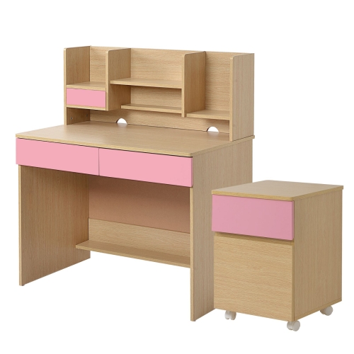 

[JPN Warehouse] Study Desk with Drawers & Bookshelves & Movable Cabinets, Size: 94x94x55cm(Pink)