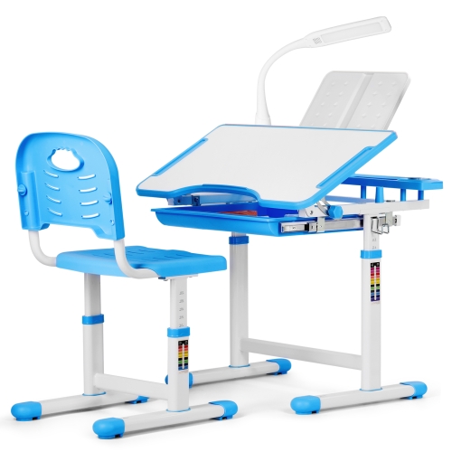 

[US Warehouse] Kids Desk And Chairs Set with Locker & Lamp (Blue)