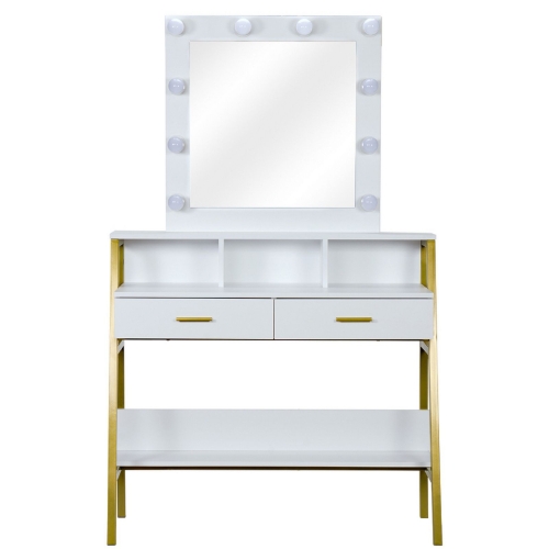 

[US Warehouse] Steel Frame Dressing Table with Shelf & Light Bulb & Two Drawers