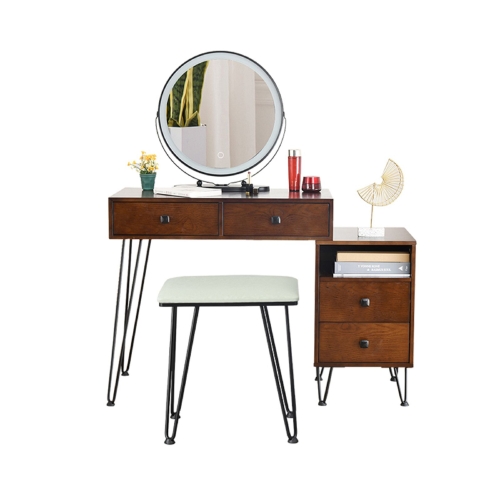 

[US Warehouse] Bedroom Iron Dresser with Solid Wood Makeup Desk Storage Cabinet & Stool(Brown)