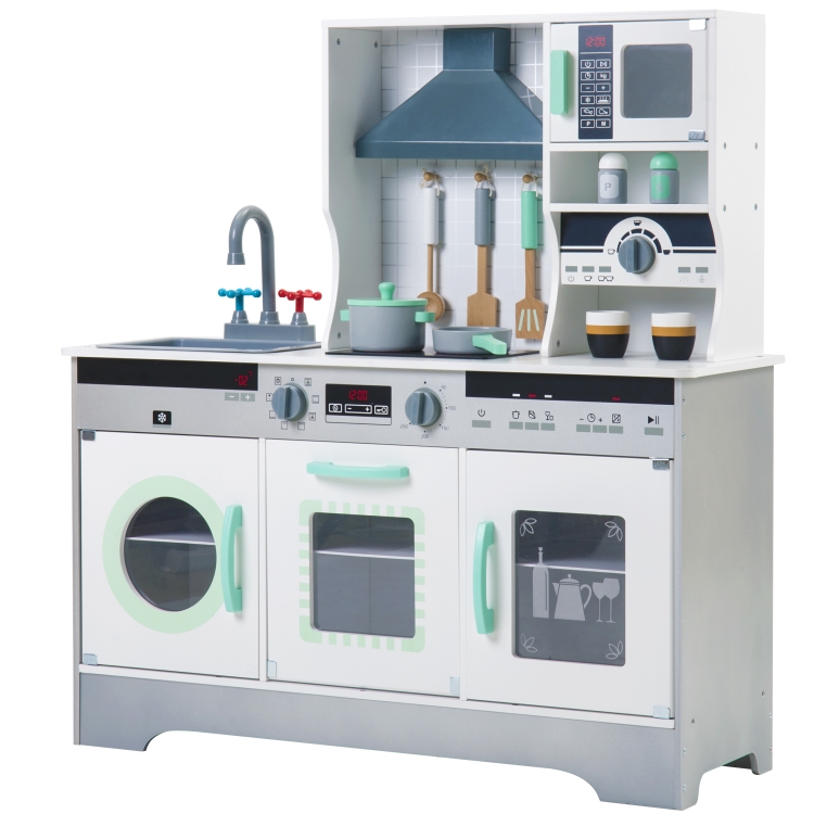 

[EU Warehouse] Wooden Large Children Kitchen Toy Simulation Kitchen with Storage Cabinet & Range Hood & Sink & Stove Function & Coffee Machine (Silver + Green)