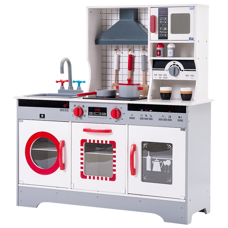 

[EU Warehouse] Wooden Large Children Kitchen Toy Simulation Kitchen with Storage Cabinet & Range Hood & Sink & Stove Function & Coffee Machine (Grey + Red)