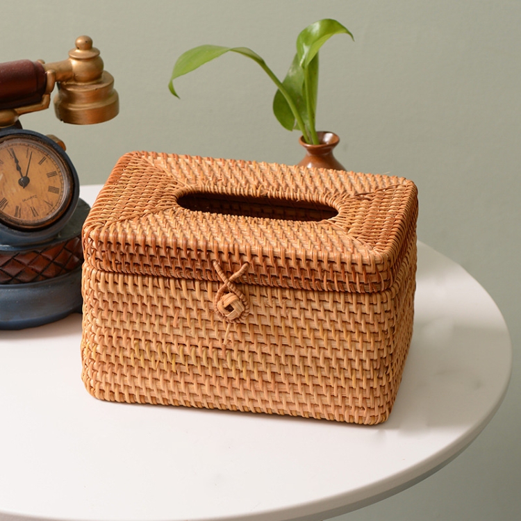 

ZJH01 Square Shape Restaurant Desktop Rattan Braided Tissue Storage Box Case