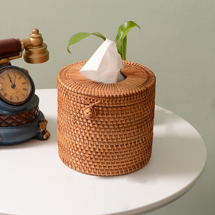 

ZJH01 Circle Shape Restaurant Desktop Rattan Braided Tissue Storage Box Case