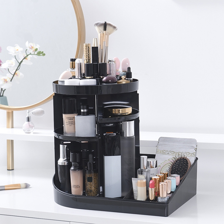 

360 Degree Rotating Makeup Box Transparent Lipstick Multi-function Desktop Cosmetics Shelf Storage Box (Black)