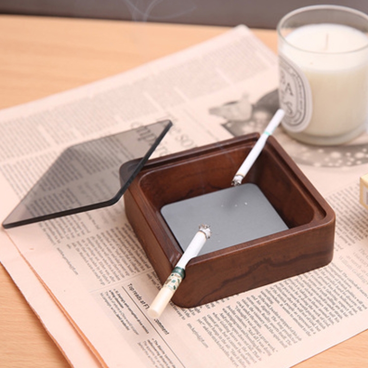 

Creative Gift Solid Wood Walnut Ashtray,Glass Cover With Double Grooves