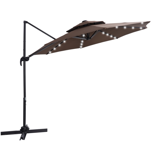 

[US Warehouse] 10ft 360-degree Rotating Outdoor Cantilever Bias Hanging Double-layer Sun Umbrella with Solar LED Lights(Brown)