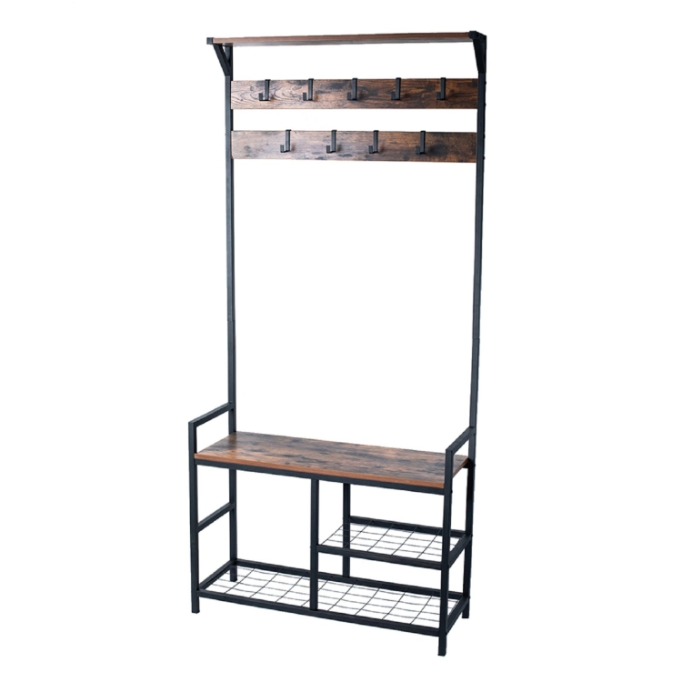 

[US Warehouse] Entrance Retro Coat Rack with 9 Hooks & Top Compartment & Three-tier Shoe Changing Stool