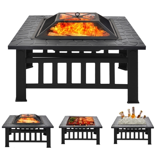 

[EU Warehouse] Rectangle Fire Pit with Grill Grate 3 in 1 Outdoor Fireplace for BBQ (Black)