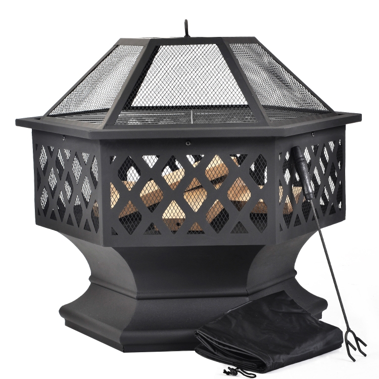 

[EU Warehouse] Hexagonal Fire Pit with Grill Grate 3 in 1 Outdoor Fireplace for BBQ (Black)