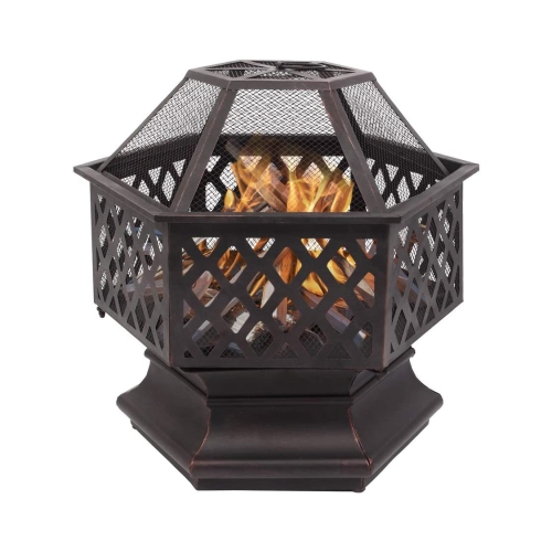 

[US Warehouse] Hexagonal Fire Pit with Grill Grate 3 in 1 Outdoor Fireplace for BBQ (Black)