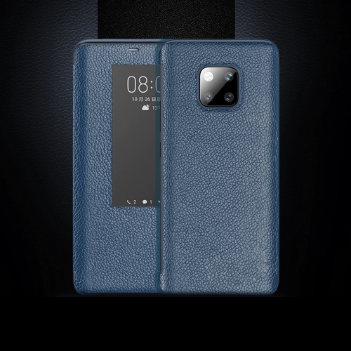 

Top-grain Horizontal Flip Leather Case for Huawei Mate 20 Pro, with Call Answering Function & Sleep / Wake-up (Blue)