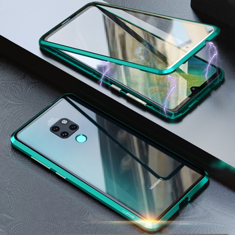 

Ultra Slim Double Sides Magnetic Adsorption Angular Frame Tempered Glass Magnet Flip Case for Huawei Mate 20 (Green)