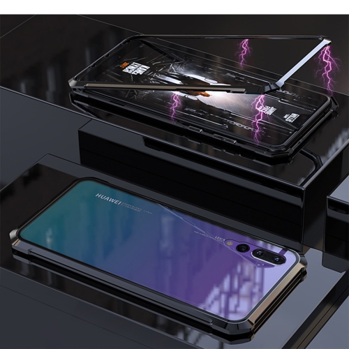 

Ultra Slim Magnetic Adsorption Angular Frame Tempered Glass Magnet Flip Case for Huawei P20 Pro(Black)
