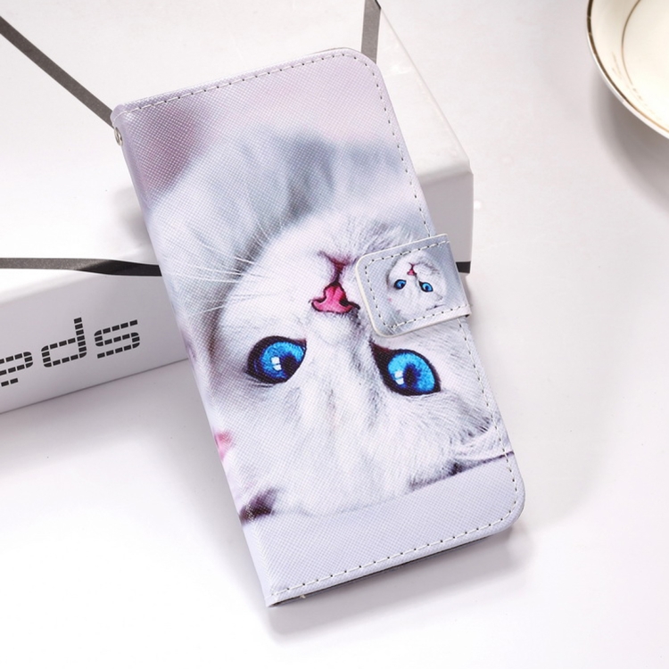 

White Cat Pattern Colored Drawing Horizontal Flip Leather Case for Huawei Mate 20 Lite, with Holder & Card Slots & Wallet & Lanyard
