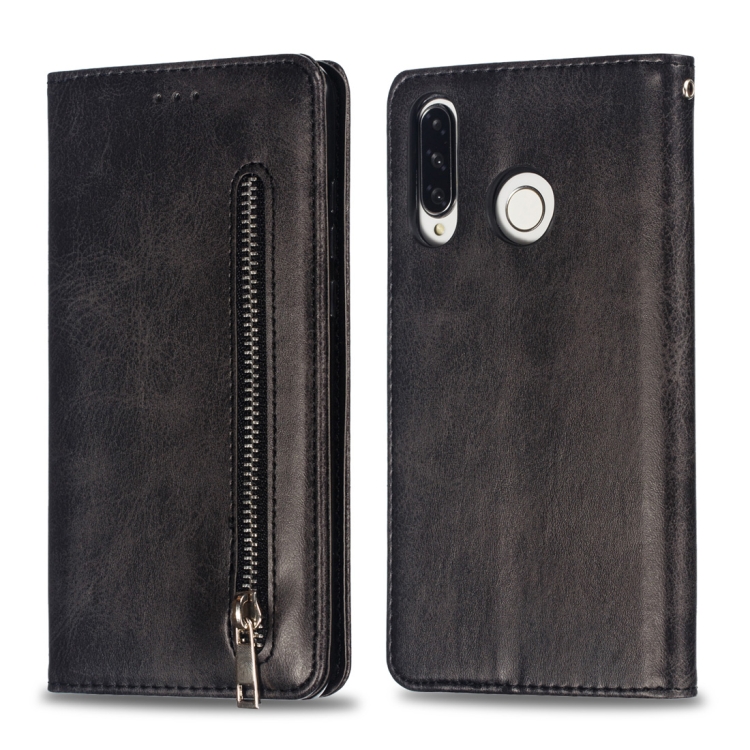 

Calf Texture Zipper Magnetic Horizontal Flip Leather Case for Huawei P30 Lite, with Wallet & Holder & Card Slots (Black)