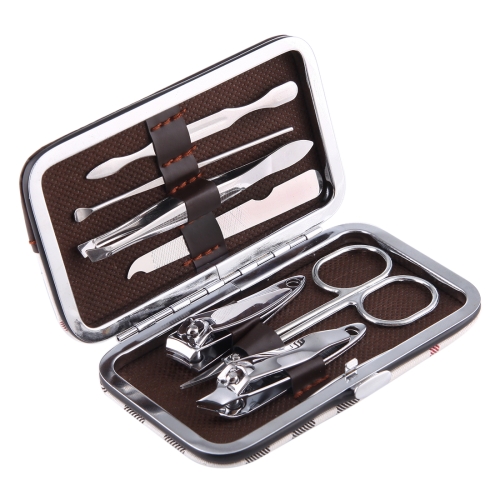 

7 in 1 Nail Care Clipper Pedicure Manicure Kits (Flat Nail Clippers, Oblique Nail Nipper, Double Pick, Eyebrow Scissor, Eyebrow Tweezers, Ear Pick, Double Side Nail File) with Leather Bag