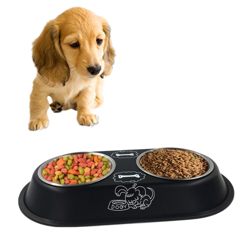 

Stainless Steel High-Grade Bowls, Anti-slippery Bottom Cartoon Pattern Double Pets Bowls,Bowl Diameter: 14cm, Size: L(Black)