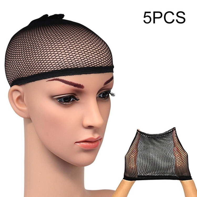 

5 PCS High Elastic Silk Socks Fake Hair Net Wig Liner Caps Snood Mesh, A(Black)