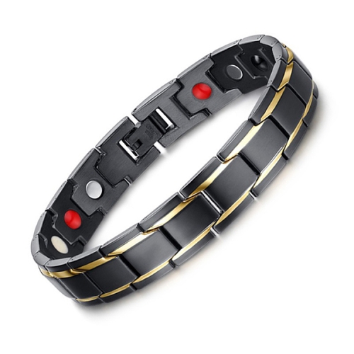 

Europe and America Style Fashion Men Jewelry Stainless Steel + Gold-mounted Plating Magnetic Health Bracelet, Size: 12mm*22cm (Black+Gold)