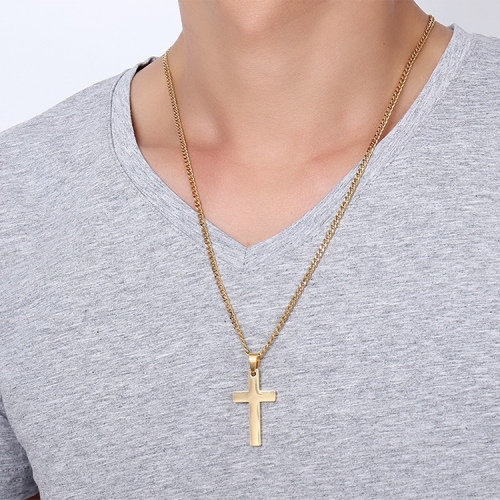 

Europe and America Style Fashion Men Jewelry High Polished Stainless Steel + Plating Simple Cross Necklace with Chain (Gold)