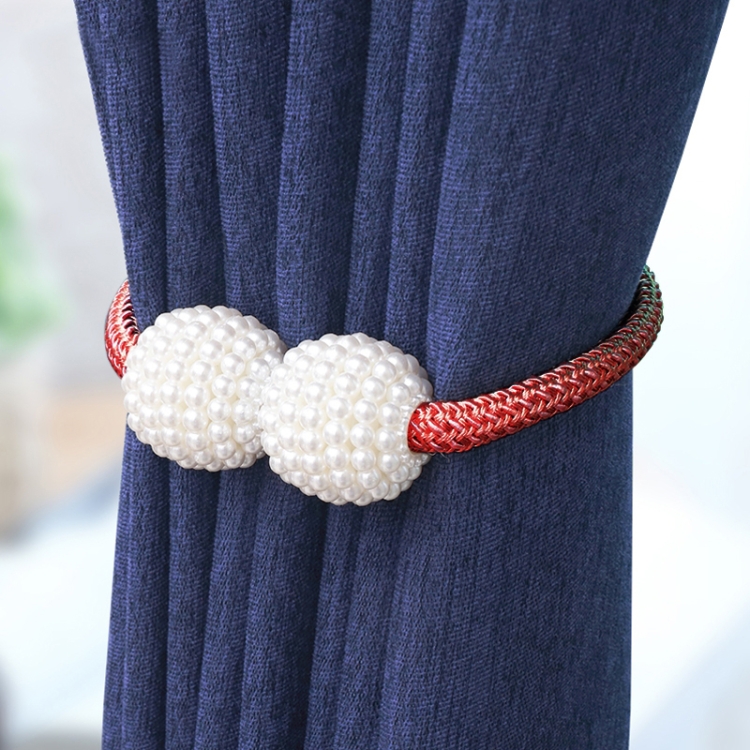 

2 PCS Fashion Adornments Pearl Magnetic Buckle Curtain Strap(Red)