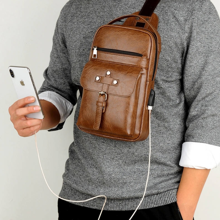 

Universal Fashion Casual Outdoor Men Shoulder Messenger Bags Retro Men Waist Bag with Charging Port, Size: L (28cm x 19cm x 5.5cm)(Khaki)